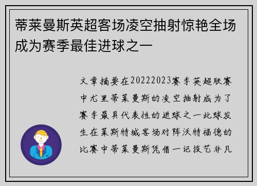 蒂莱曼斯英超客场凌空抽射惊艳全场成为赛季最佳进球之一